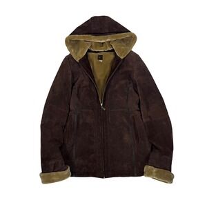 Wilsons Suede Leather Coat Jacket L Brown Hooded Shearling Sherpa Lined Zip Up